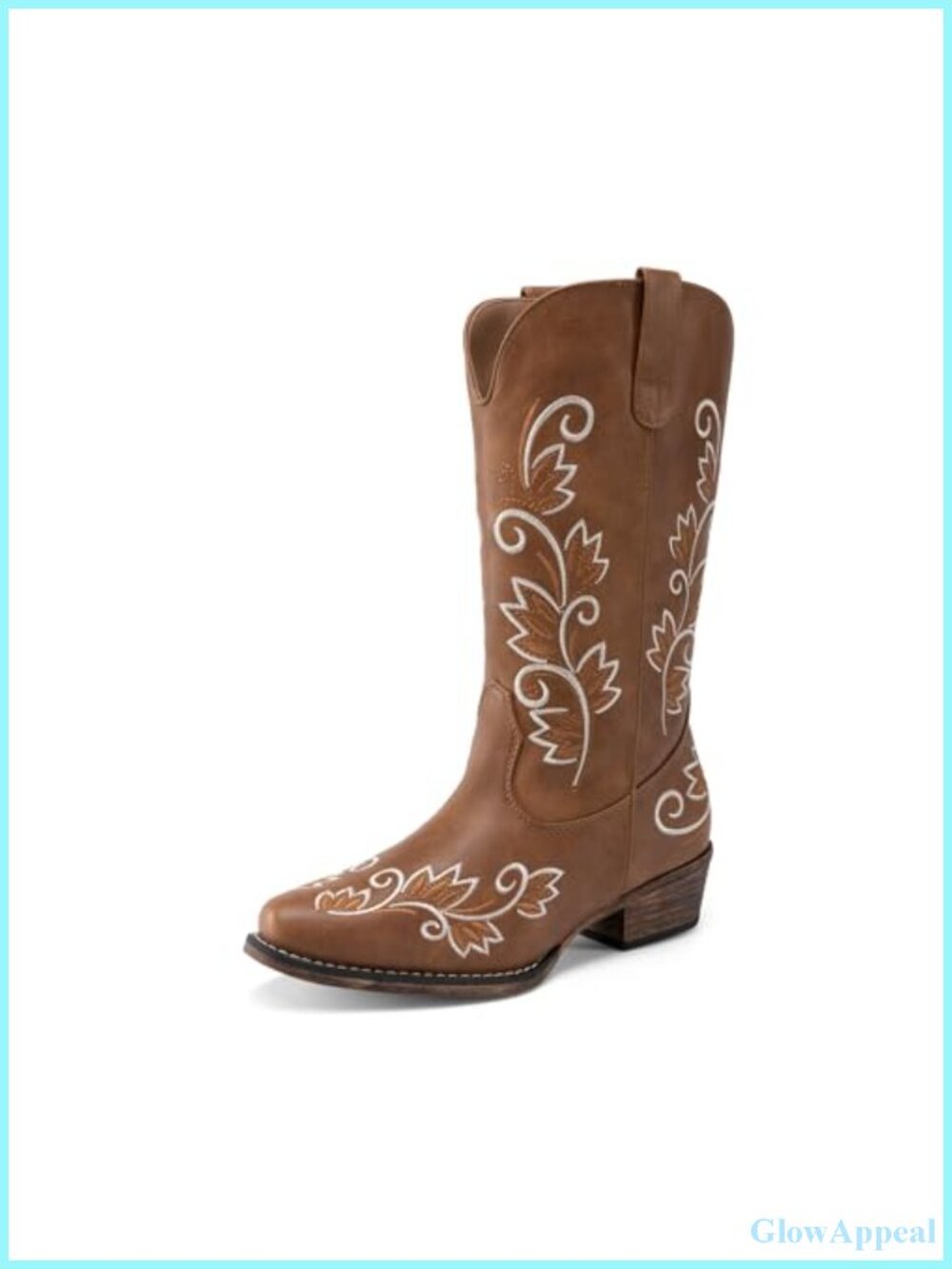 Women's Western Mid Calf Cowboy Boots Square Toe Faux Leather Chunky Heel